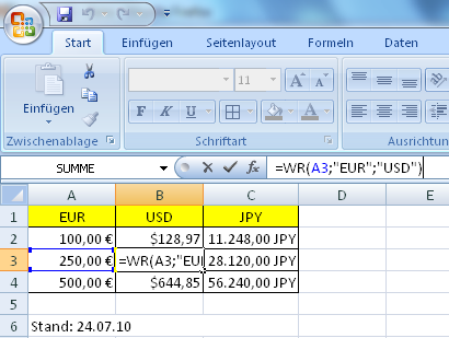 Währungsumrechner für Microsoft Excel - Klick für Download